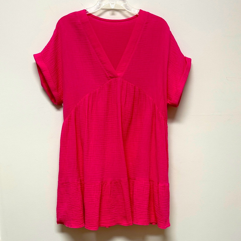 NWOT Emery Rose Vibrant Pink V-Neck 100% Cotton Gauze Dress Size L